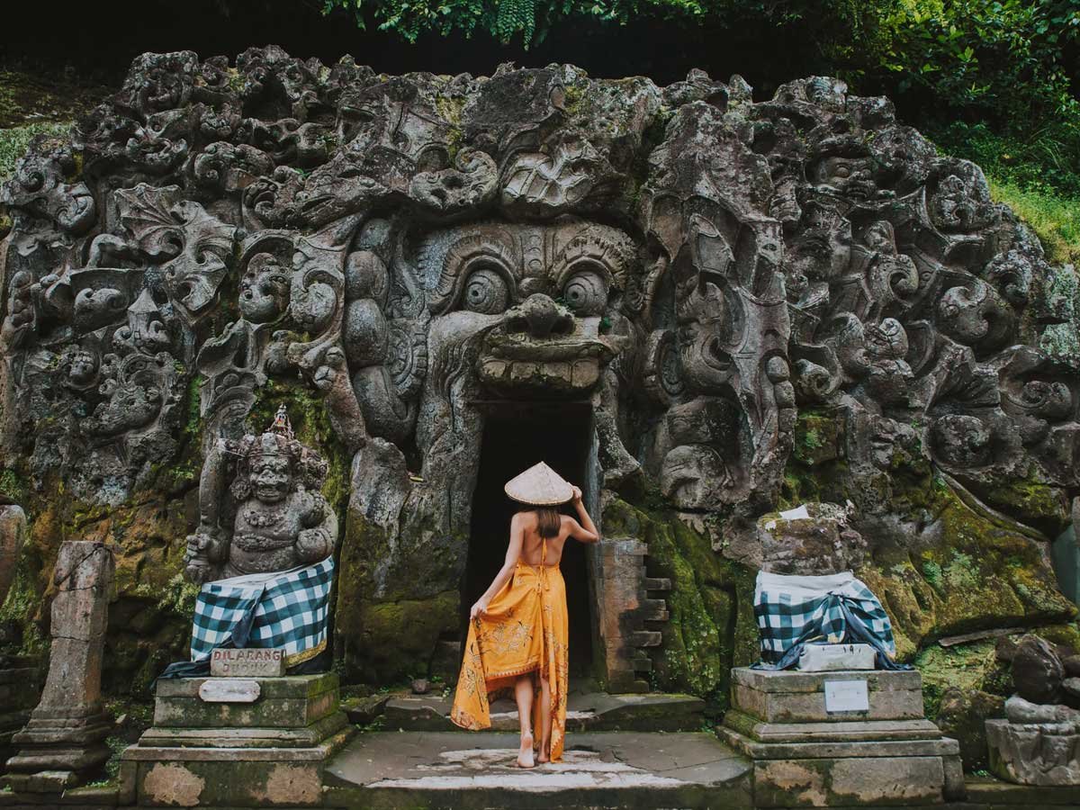Carved entrance of Goa Gajah, the Elephant Cave